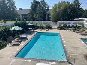 Sandy apartment for rent - A swimming pool surrounded by a white fence and trees.