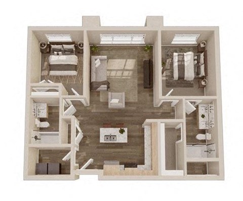 Floor plan for 2 beds, 2 baths, 940 sqft