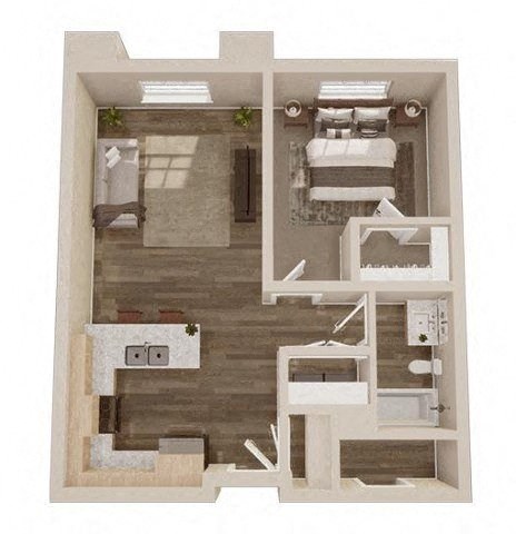 Floor plan for 1 bed, 1 bath, 661 sqft