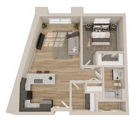 Floor plan for 1 bed, 1 bath, 726 sqft