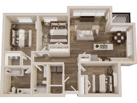 Floor plan for 3 beds, 2 baths, 1124 sqft