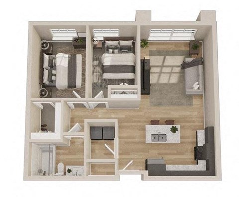Floor plan for 2 beds, 1 bath, 890 sqft