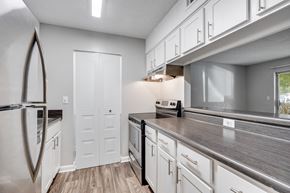Birmingham apartment for rent - Galley Kitchen With White Cabinetry & Brushed Nickel Hardware