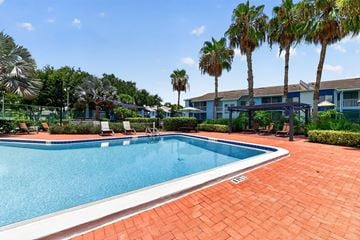 Bradenton apartment for rent - A swimming pool surrounded by palm trees and a brick patio.
