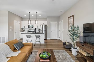 Madison apartment for rent - A modern living room with a brown sofa and a coffee table in the center.