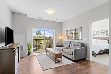 Rochester apartment for rent - A modern living room with a grey sofa and a television.