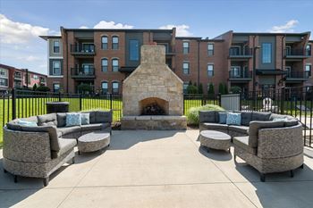 Outdoor lounge with fireplace