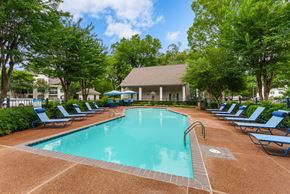 Southaven apartment for rent - A large swimming pool surrounded by blue lounge chairs.