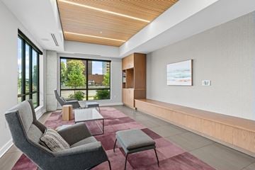 Bloomington apartment for rent - A modern living room with a grey chair and a red rug.