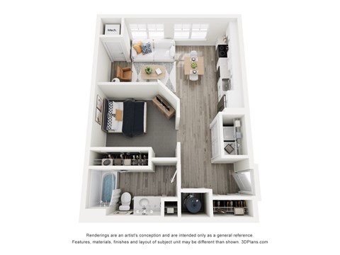 Floor plan for studio, 1 bath, 666 sqft