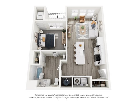 Floor plan for 1 bed, 1 bath, 738 sqft