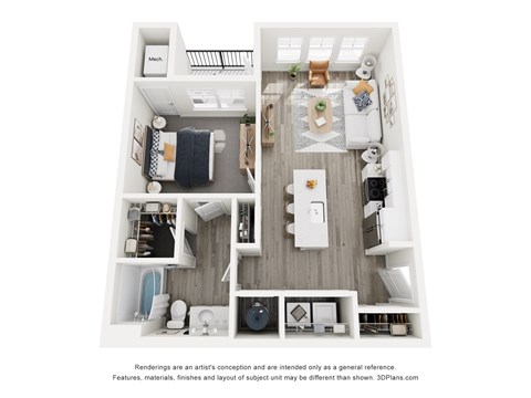 Floor plan for 1 bed, 1 bath, 738 sqft