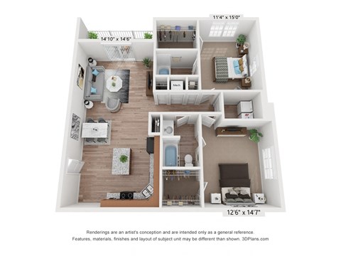 Floor plan for 2 beds, 2 baths, 1236 sqft