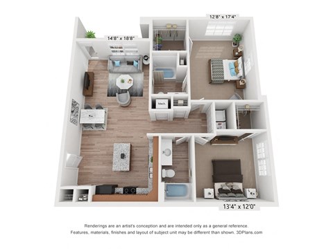 Floor plan for 2 beds, 2 baths, 1236 sqft