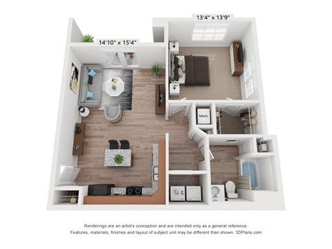 Floor plan for 1 bed, 1 bath, 834 sqft