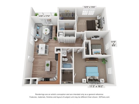 Floor plan for 3 beds, 2 baths, 1250 sqft