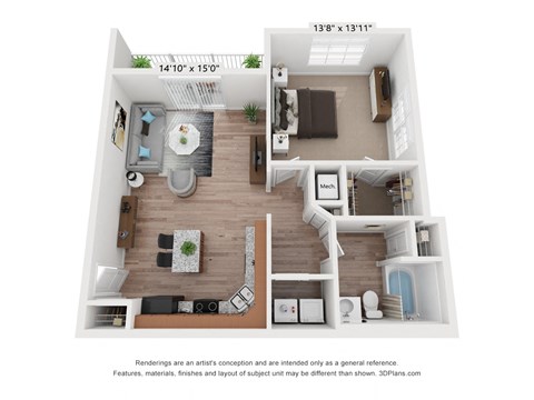 Floor plan for 1 bed, 1 bath, 834 sqft
