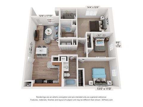 Floor plan for 3 beds, 2 baths, 1250 sqft