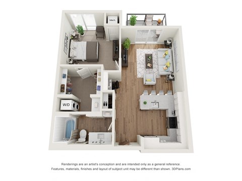 Floor plan for 1 bed, 1 bath, 739 sqft