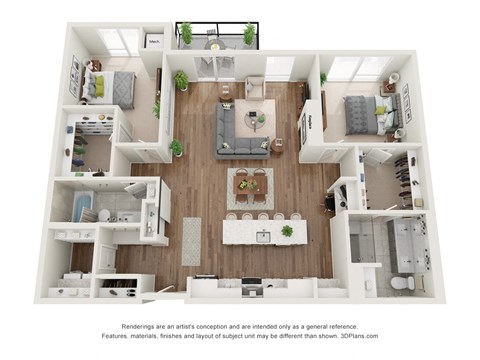 Floor plan for 2 beds, 2 baths, 1397 sqft