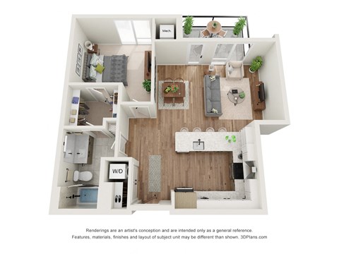 Floor plan for 1 bed, 1 bath, 769 sqft