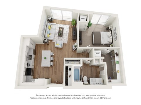 Floor plan for 1 bed, 1 bath, 755 sqft
