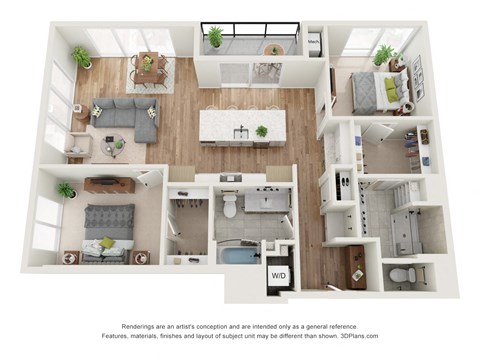 Floor plan for 2 beds, 2 baths, 1262 sqft