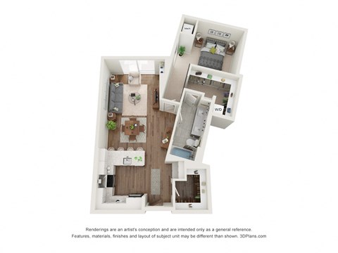 Floor plan for 1 bed, 1 bath, 844 sqft