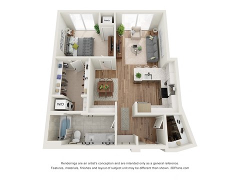 Floor plan for 1 bed, 1 bath, 777 sqft