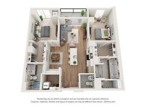 Floor plan for 2 beds, 2.5 baths, 1177 sqft