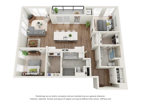 Floor plan for 2 beds, 2 baths, 1238 sqft