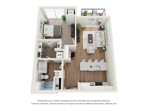 Floor plan for 1 bed, 1 bath, 732 sqft