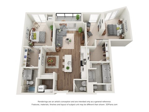 Floor plan for 2 beds, 2.5 baths, 1328 sqft