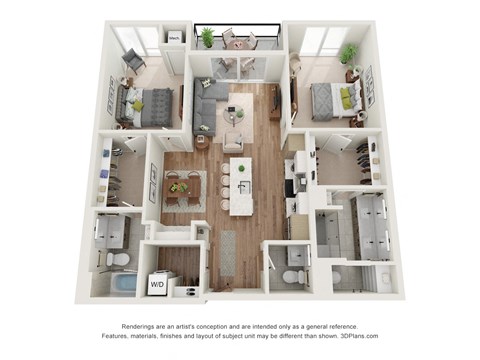 Floor plan for 2 beds, 2.5 baths, 1121 sqft