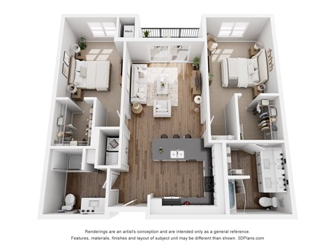 Floor plan for 2 beds, 2 baths, 1053 sqft