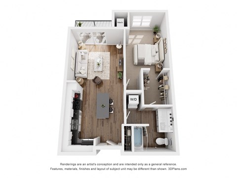 Floor plan for 1 bed, 1 bath, 671 sqft