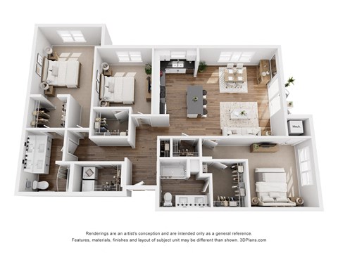 Floor plan for 3 beds, 2 baths, 1455 sqft