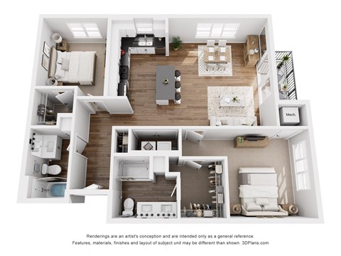 Floor plan for 2 beds, 2 baths, 1053 sqft