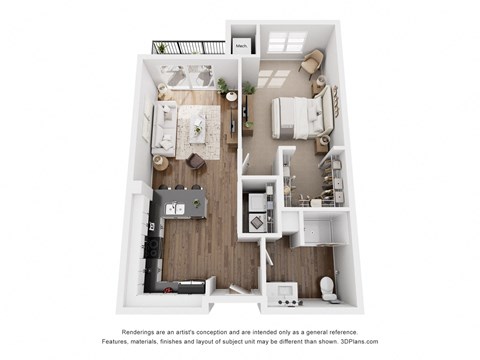 Floor plan for 1 bed, 1 bath, 671 sqft