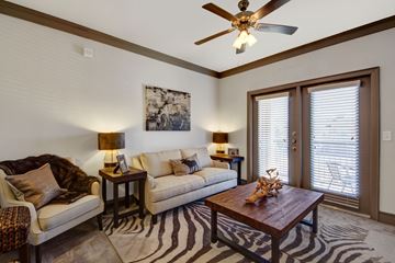 Tulsa apartment for rent - A living room with a zebra rug on the floor.