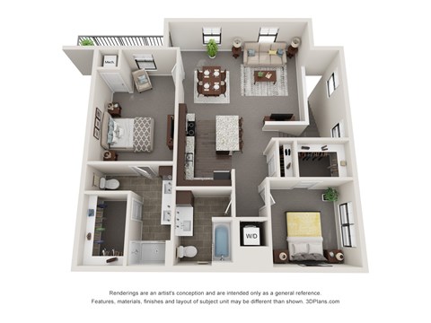 Floor plan for 2 beds, 2 baths, 1228 sqft