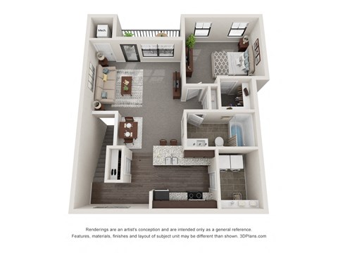 Floor plan for 1 bed, 1 bath, 961 sqft
