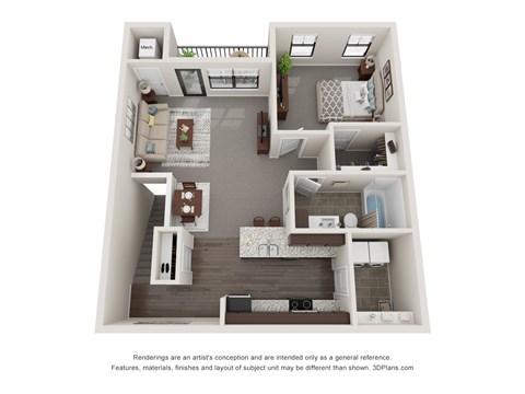Floor plan for 1 bed, 1 bath, 980 sqft