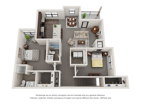 Floor plan for 2 beds, 2 baths, 1307 sqft