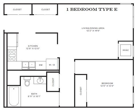 Floor plan for 1 bed, 1 bath, 638 sqft
