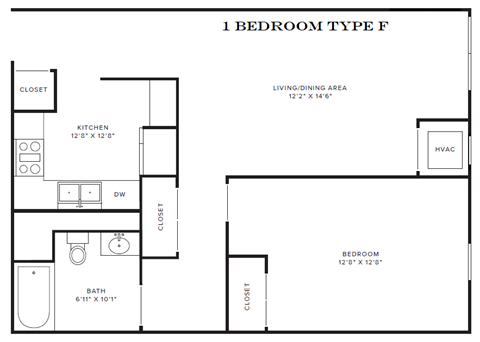 Floor plan for 1 bed, 1 bath, 677 sqft