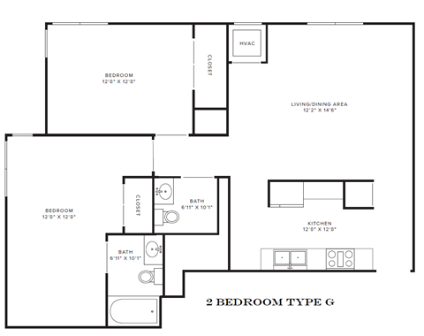 Floor plan for 2 beds, 2 baths, 879 sqft