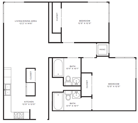 Floor plan for 2 beds, 2 baths, 903 sqft