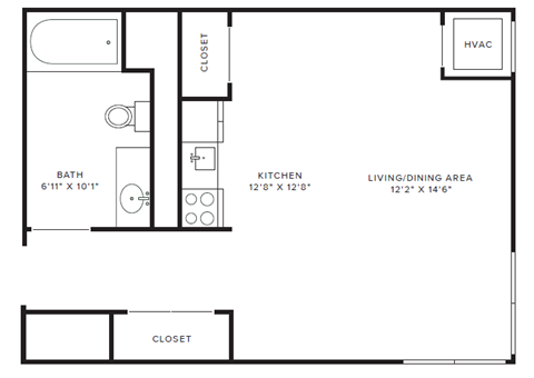 Floor plan for studio, 1 bath, 409 sqft