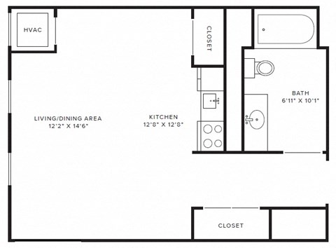 Floor plan for studio, 1 bath, 412 sqft